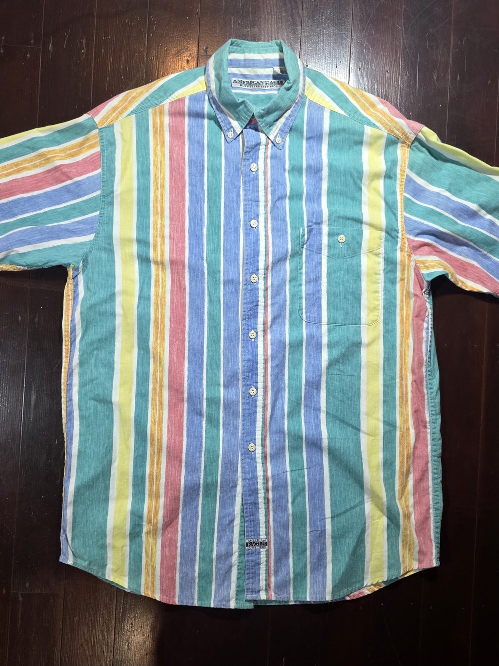 American Eagle Y2K Striped Button Up Shirt Men's M Oversized Beach Surf Colorful